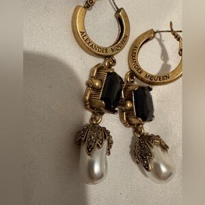 Alexander McQueen Gold and Black Crystal Hoop Earrings with Pearl Drops